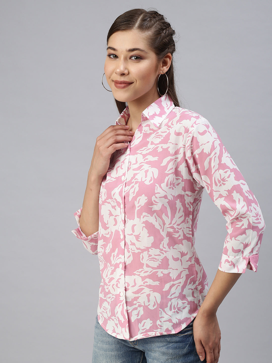 Women Spread Collar Printed Pink Shirts