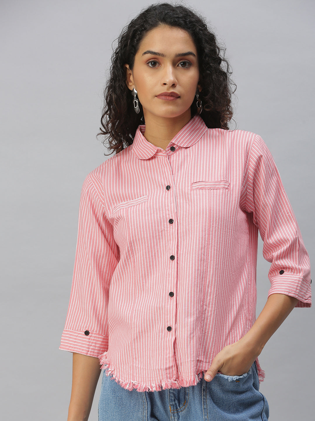 Women Club Collar Striped Pink Shirts