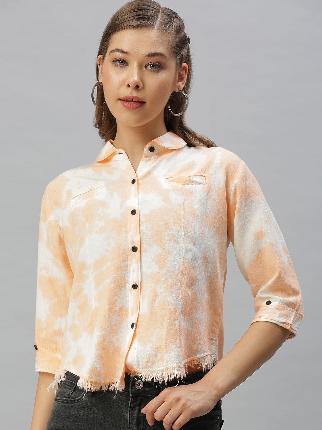 Women Peach Tie and Dye Slim Fit Shirt