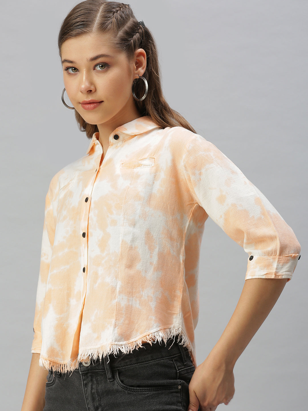 Women Peach Tie and Dye Slim Fit Shirt