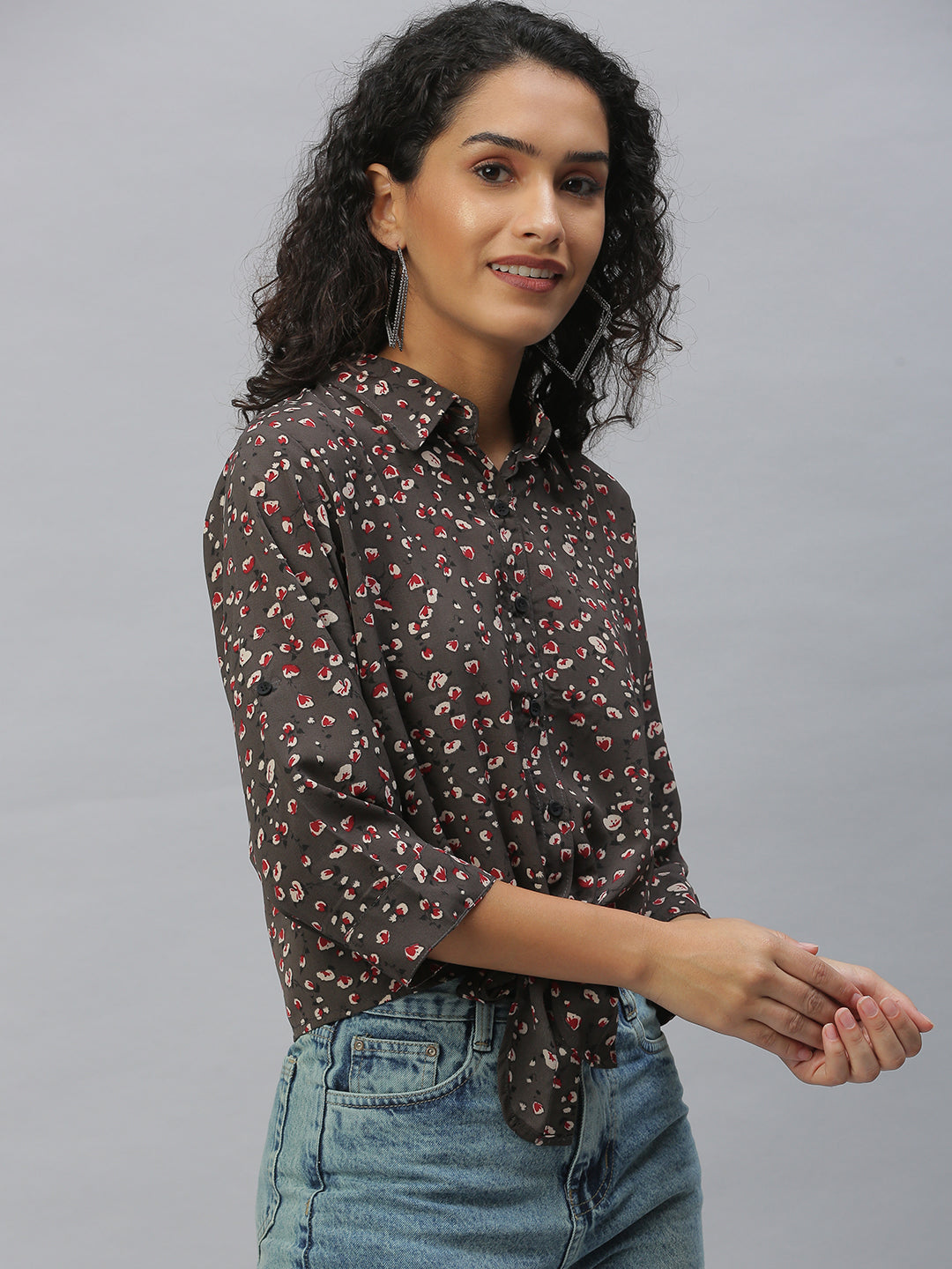 Women Collared Printed Brown Shirts