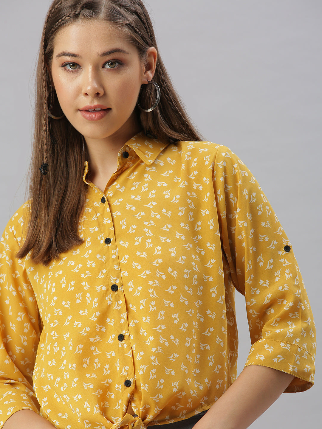 Women Collared Printed Mustard Shirts