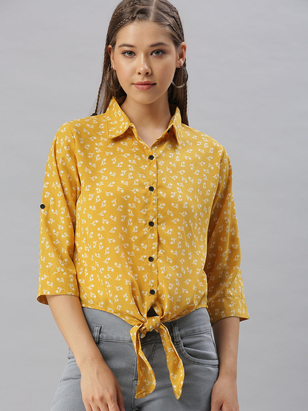 Women Collared Printed Mustard Shirts