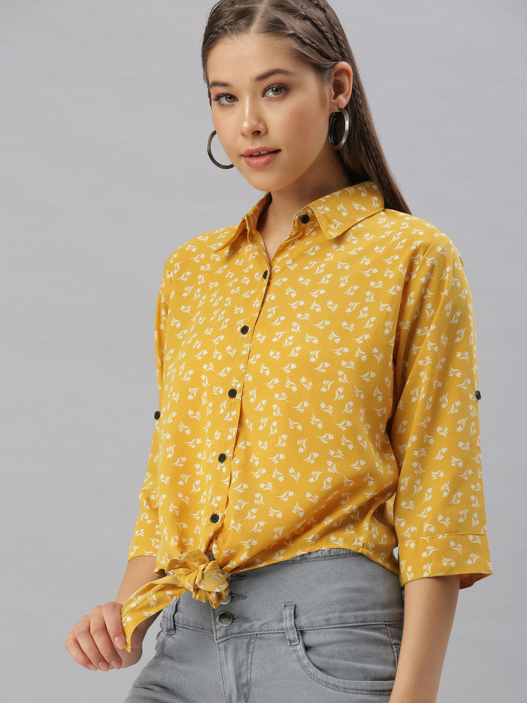 Women Collared Printed Mustard Shirts