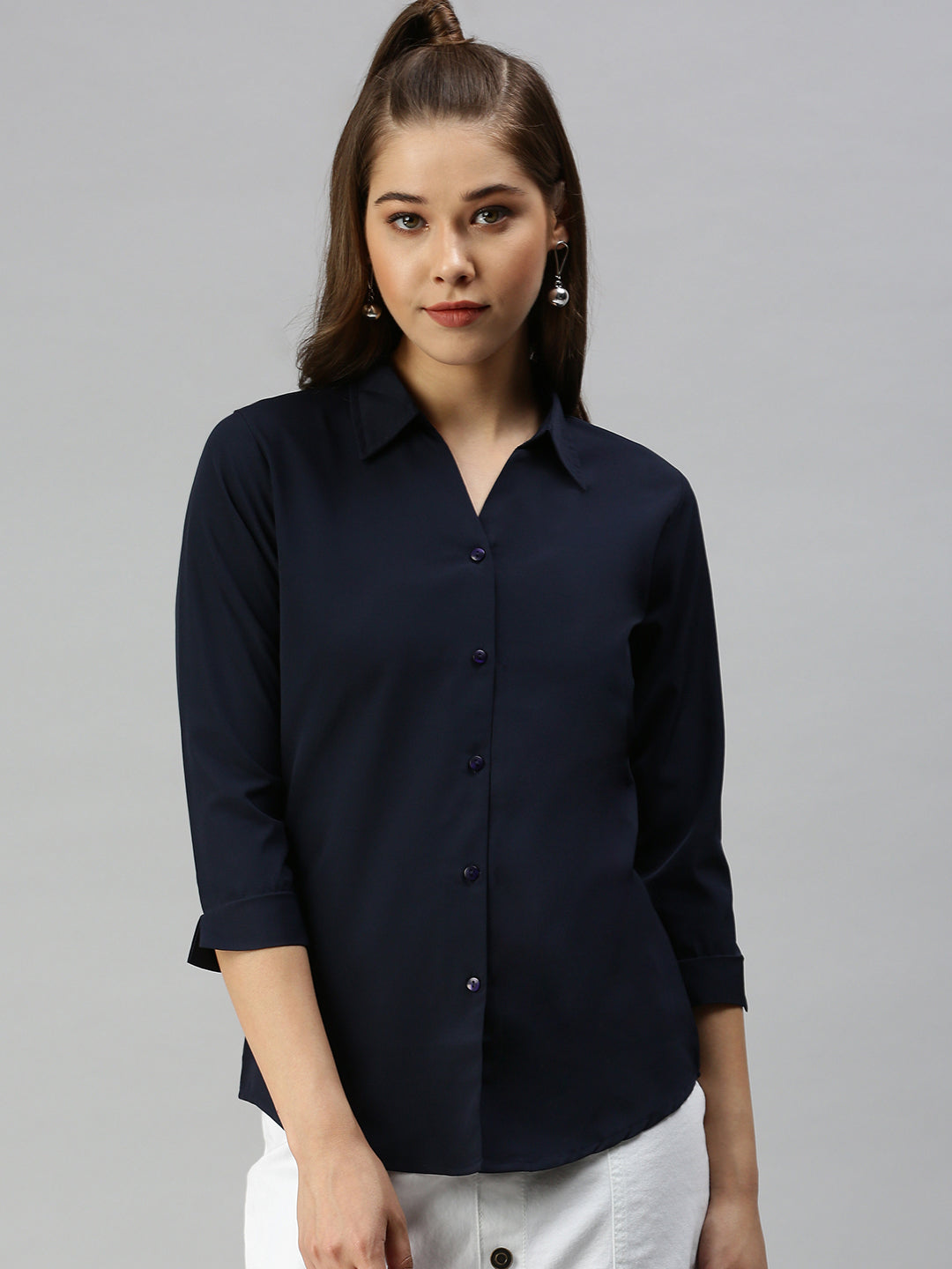 Women Slim Fit Navy Blue Solid Shirt