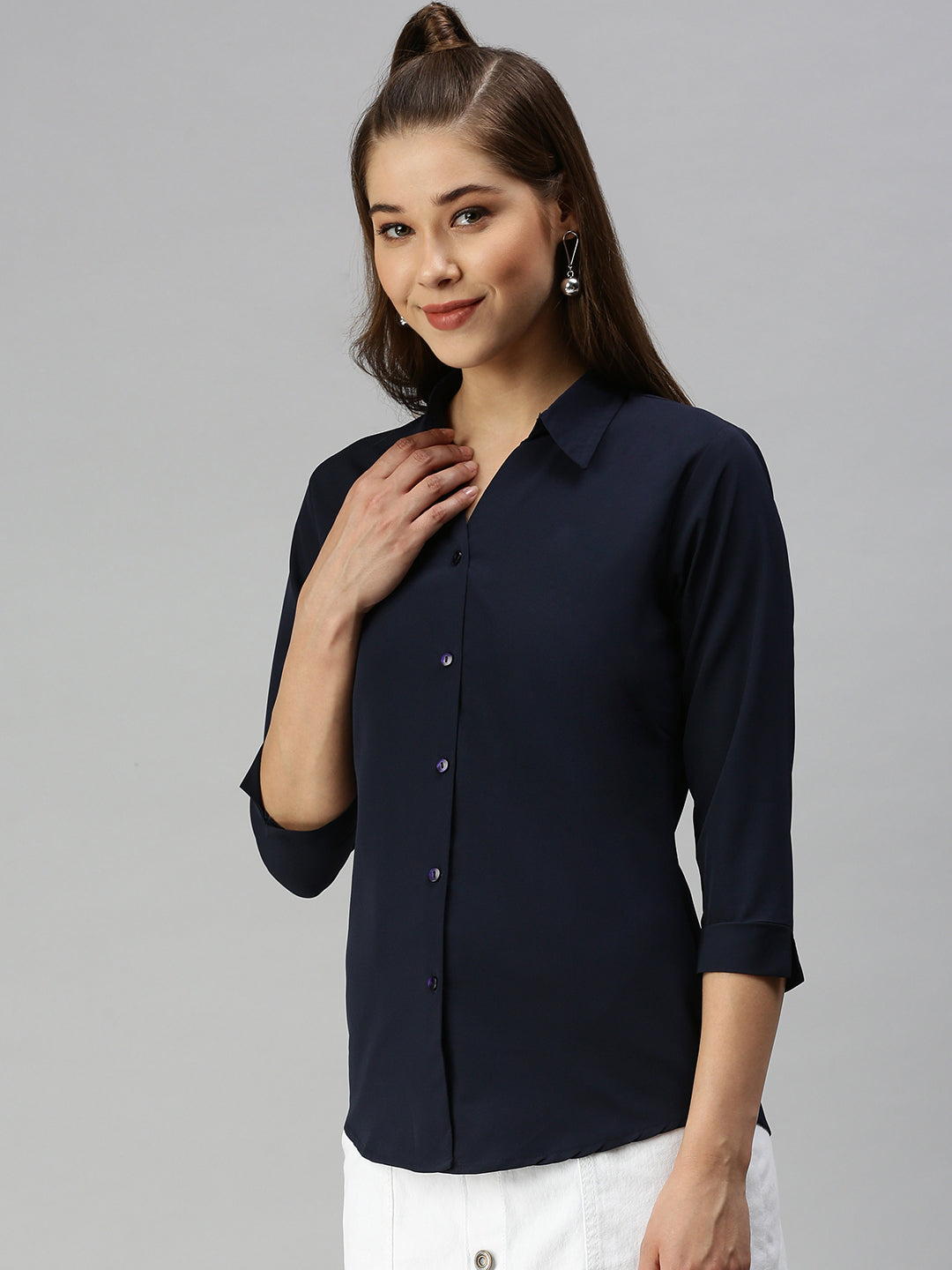 Women Slim Fit Navy Blue Solid Shirt