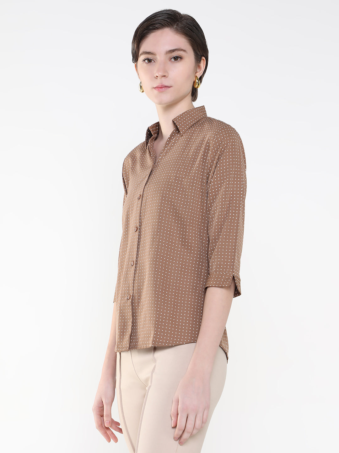 Women Micro Print Brown Slim Fit Shirt