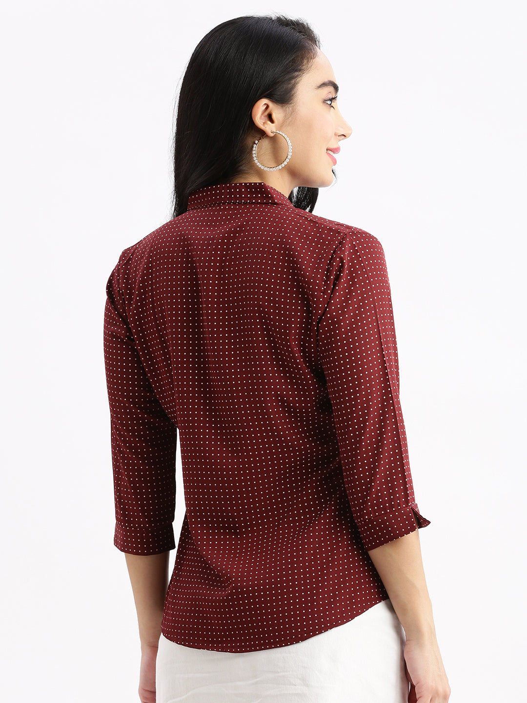 Women Micro Print Maroon Slim Fit Shirt