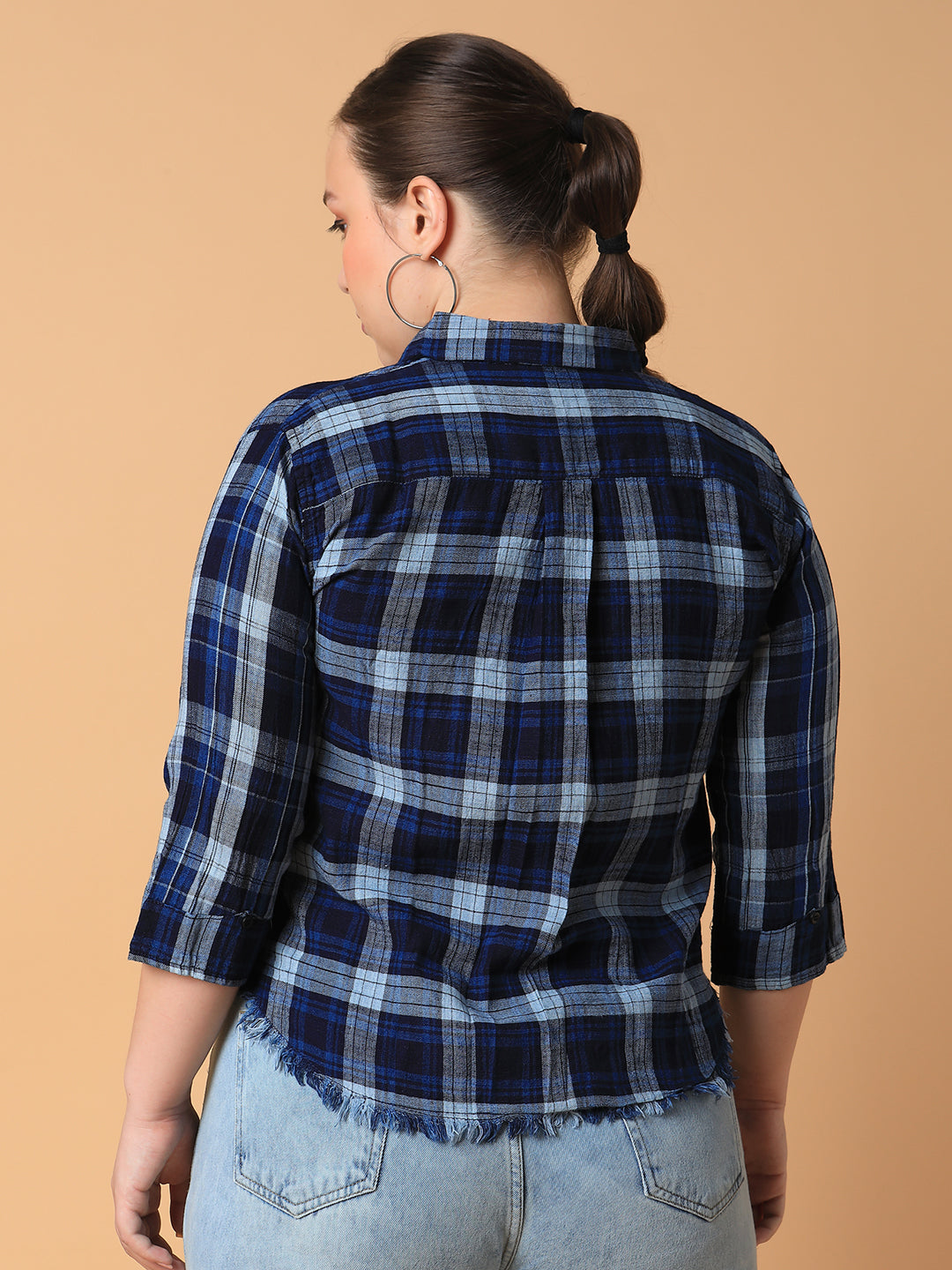 Women Checked Navy Blue Slim Fit Shirt