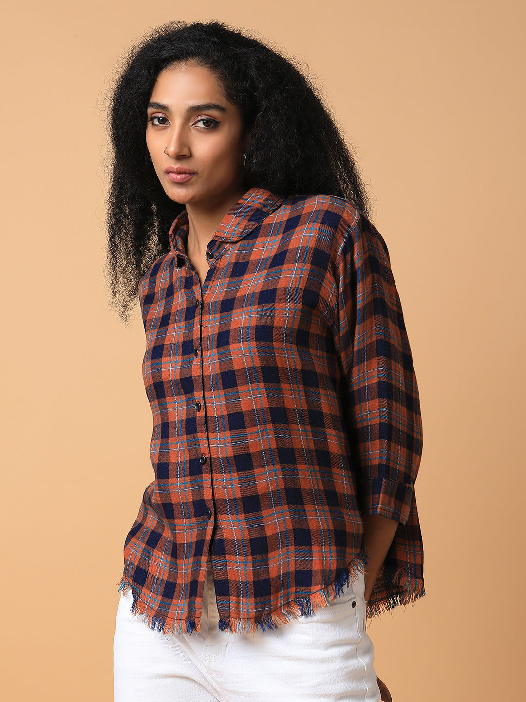 Women Checked Rust Slim Fit Shirt