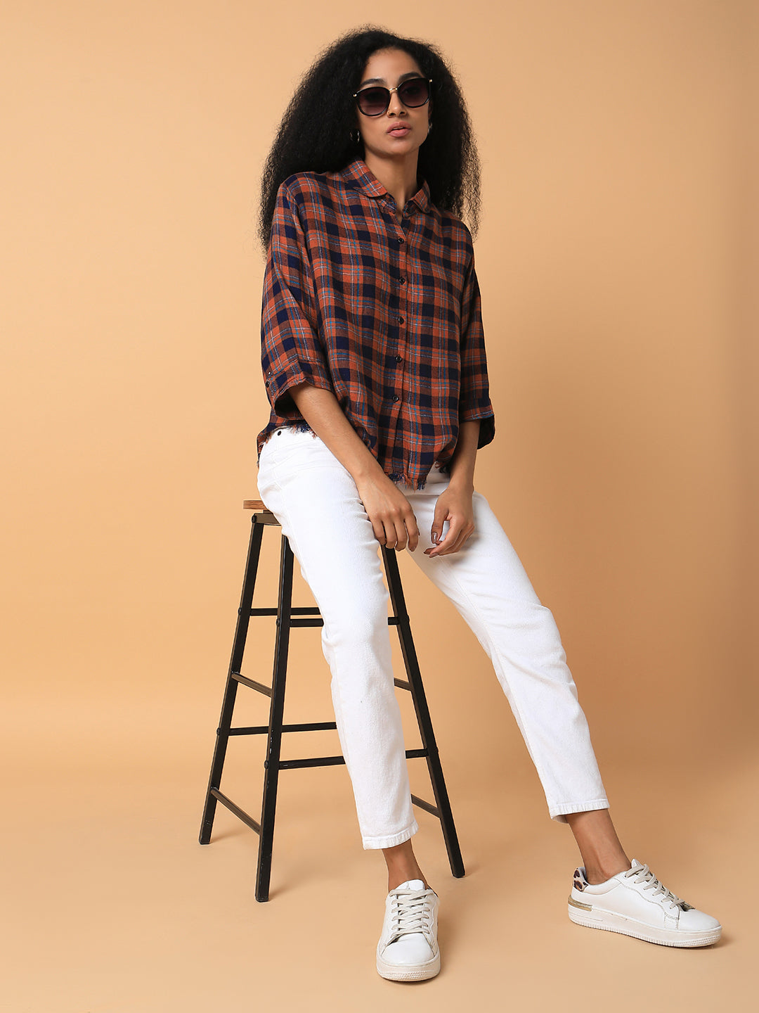 Women Checked Rust Slim Fit Shirt