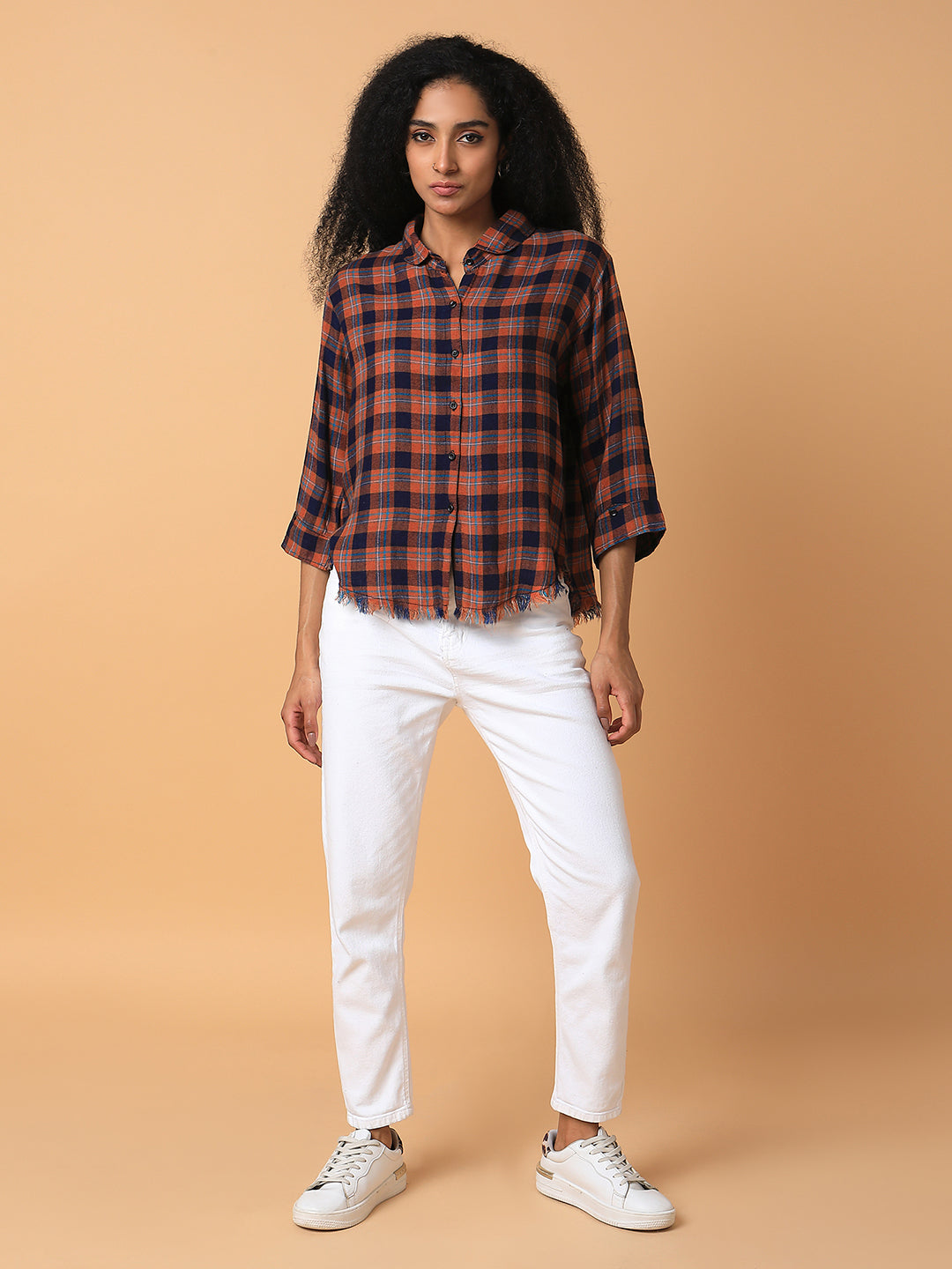 Women Checked Rust Slim Fit Shirt