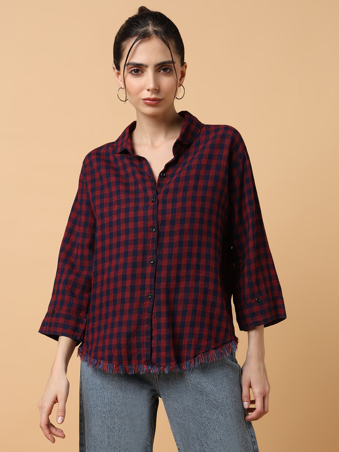 Women Checked Red Slim Fit Shirt