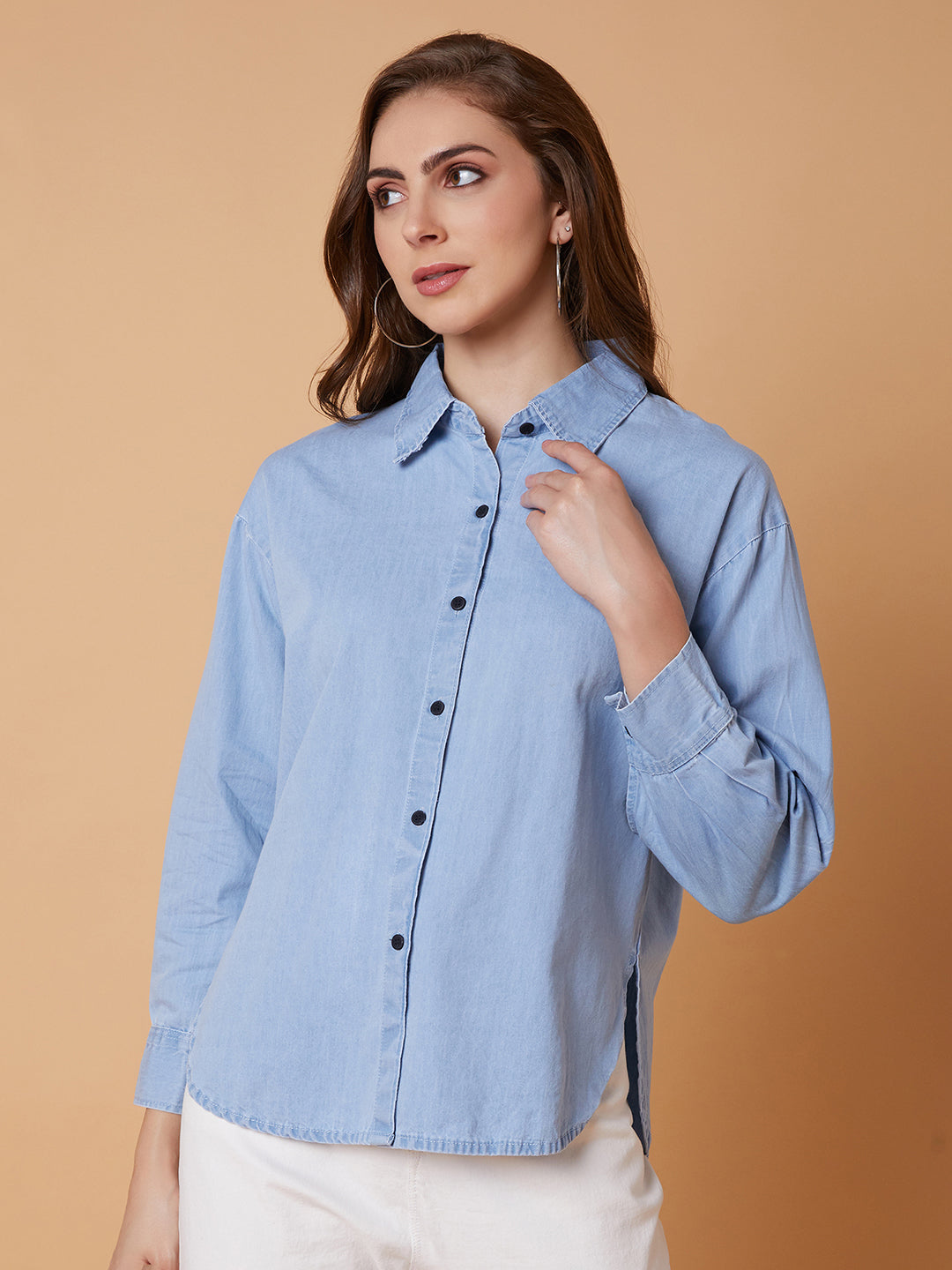 Women Solid Blue Oversized Slim Fit Shirt