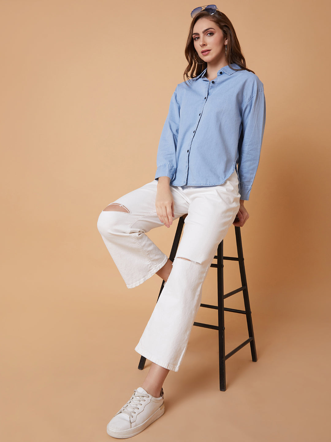 Women Solid Blue Oversized Slim Fit Shirt