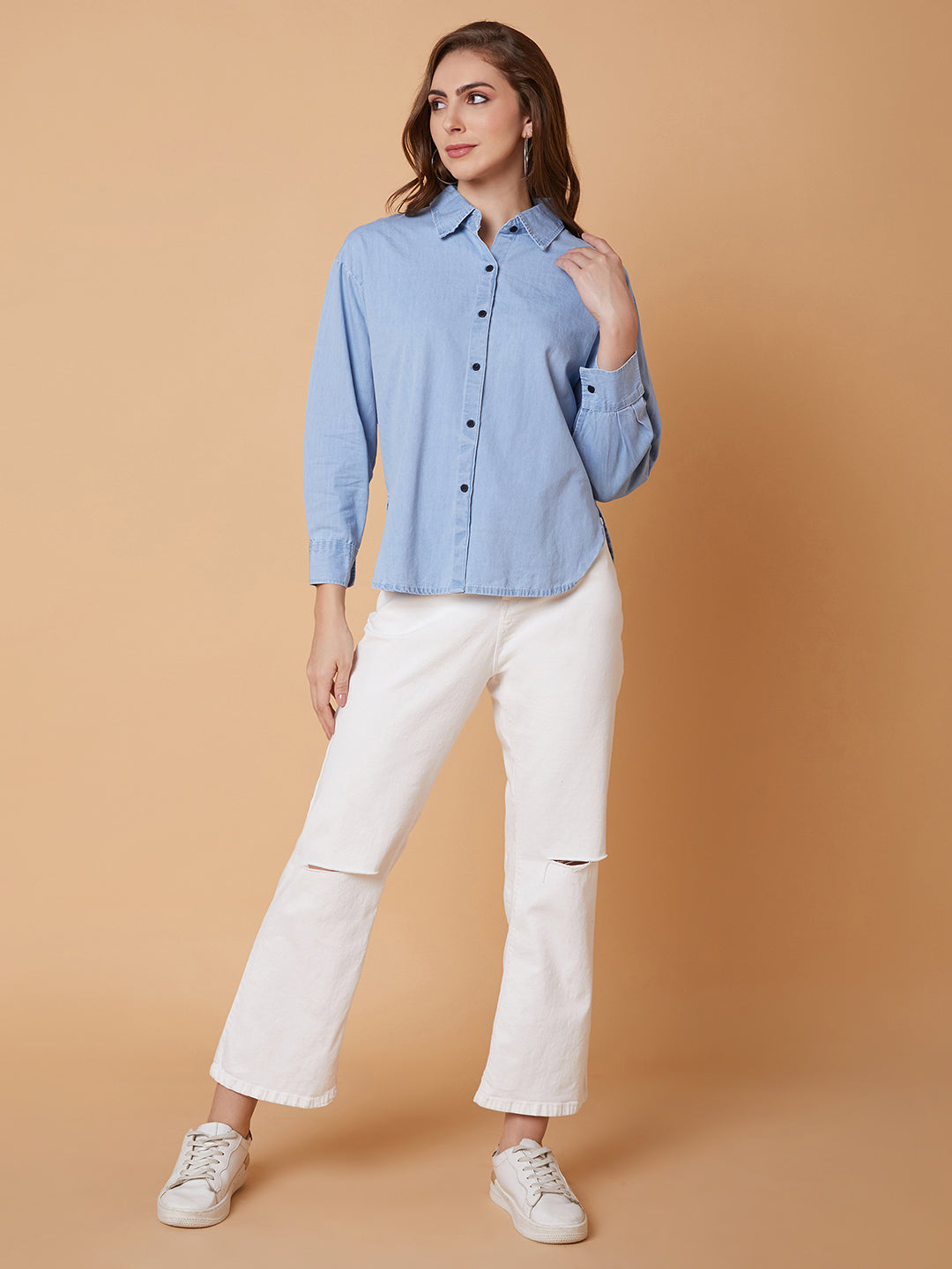 Women Solid Blue Oversized Slim Fit Shirt