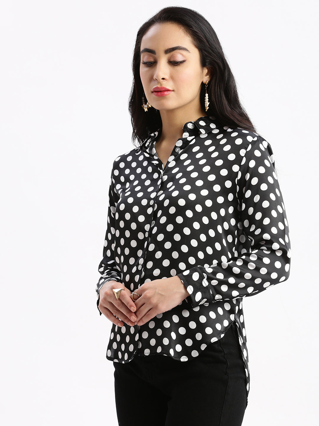 Women Polka Dots Black Slim Fit Shirt
