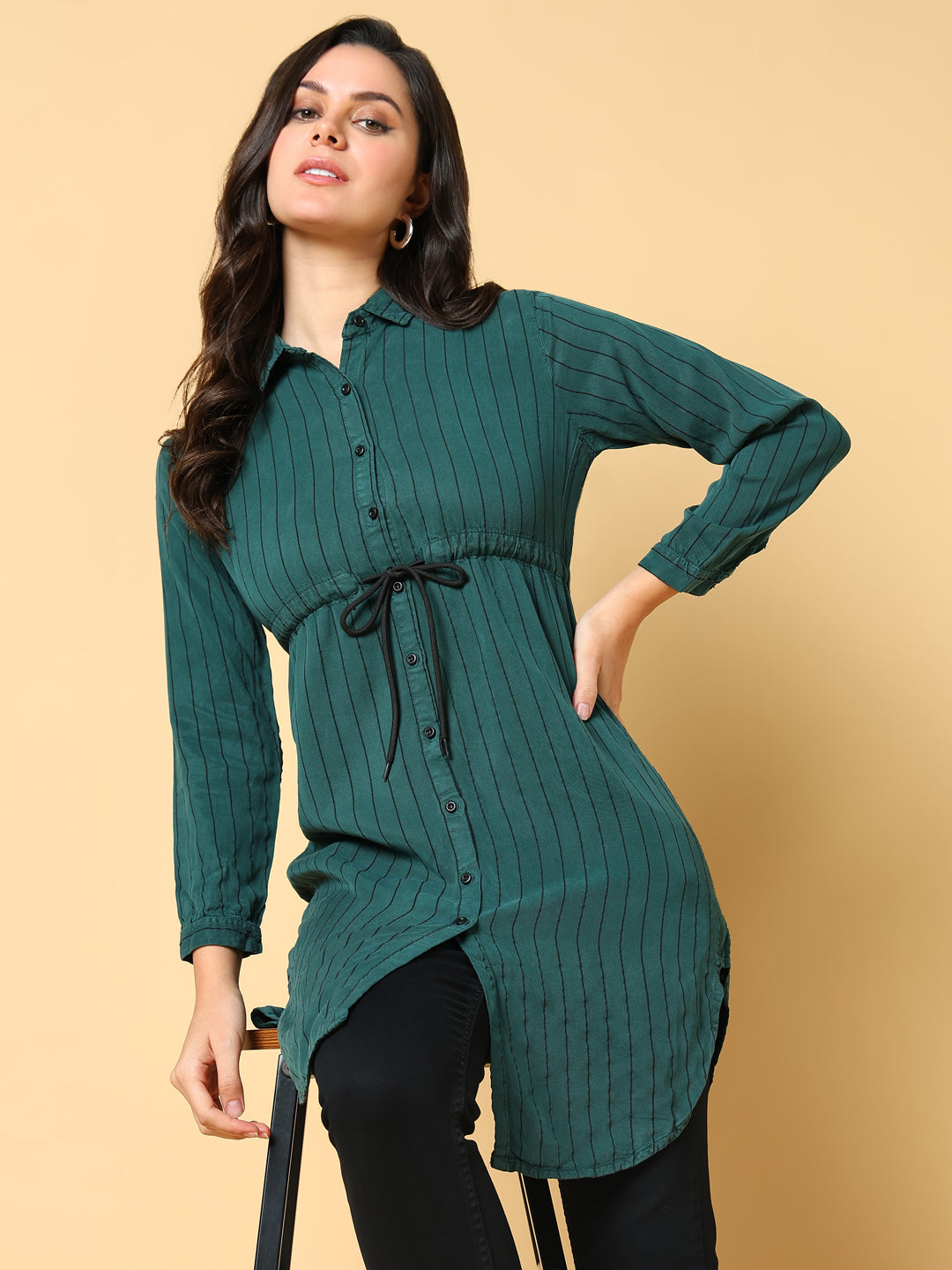 Women's Green Striped Shirt Style Longline Top