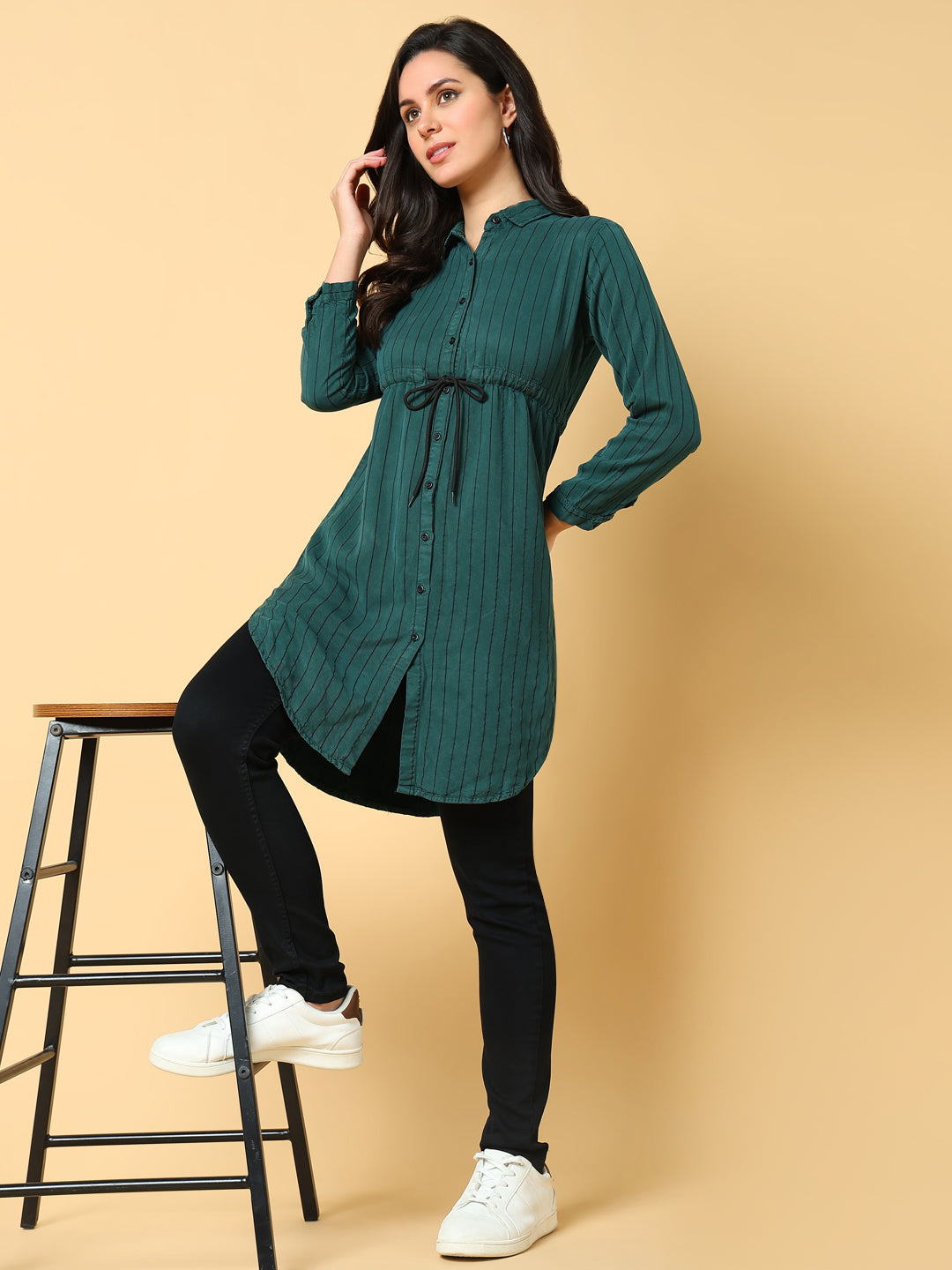 Women's Green Striped Shirt Style Longline Top