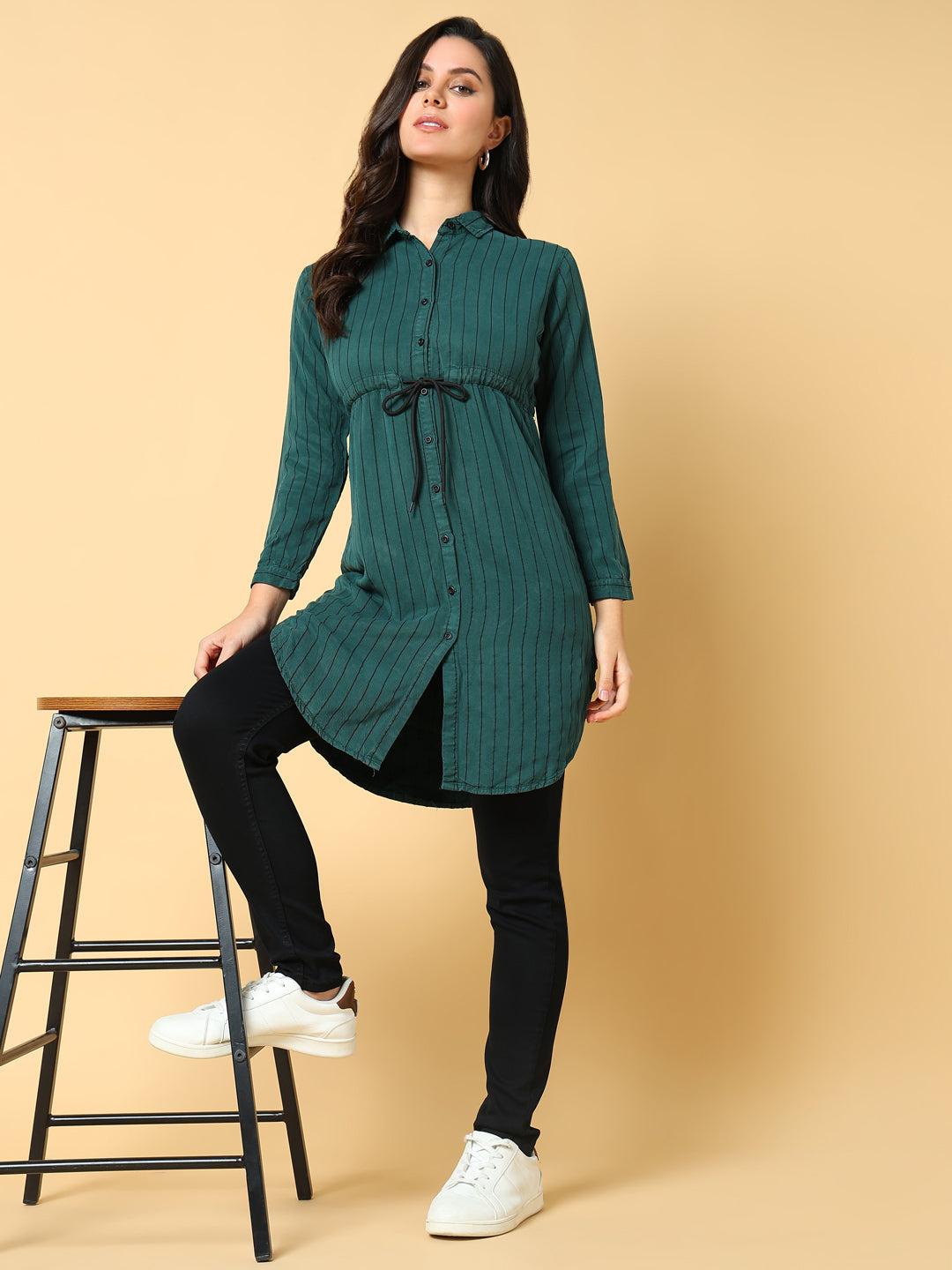 Women's Green Striped Shirt Style Longline Top