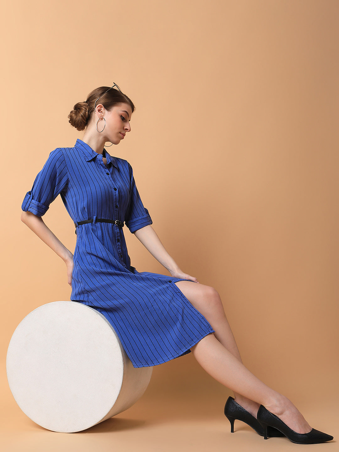 Women Striped Blue Midi A-Line Dress with Belt