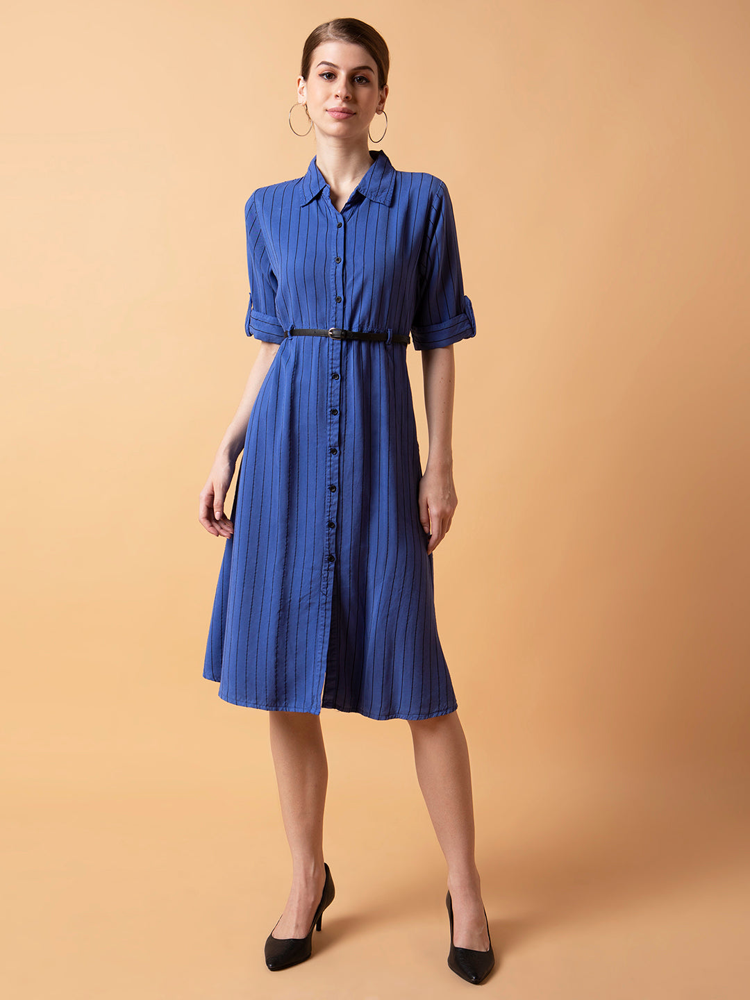 Women Striped Blue Midi A-Line Dress with Belt