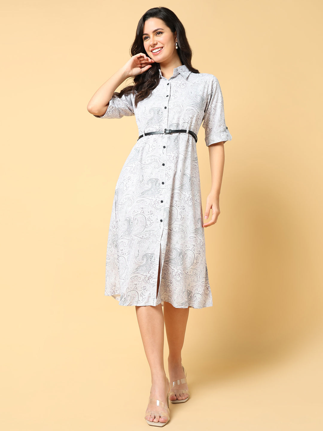 Women Printed White Shirt Dress with Belt