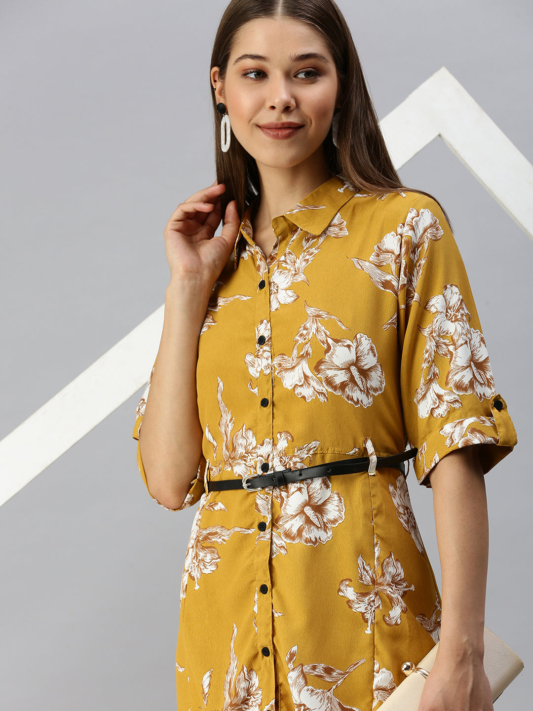 Women Printed Fit and Flare Mustard Dress