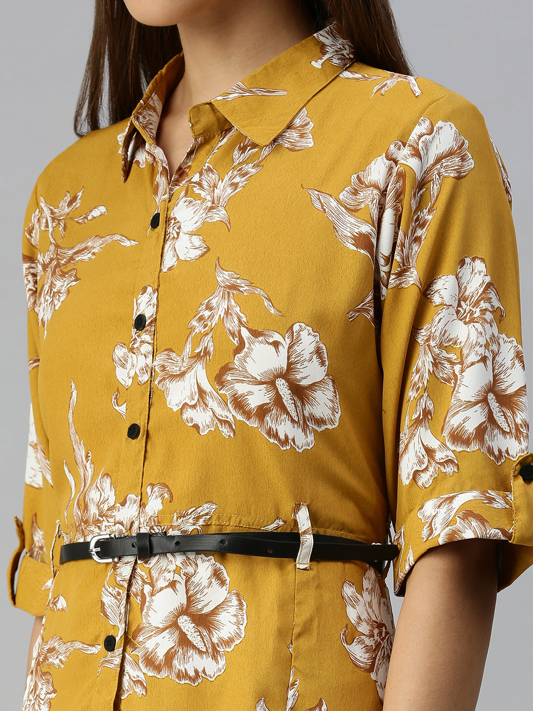 Women Printed Fit and Flare Mustard Dress