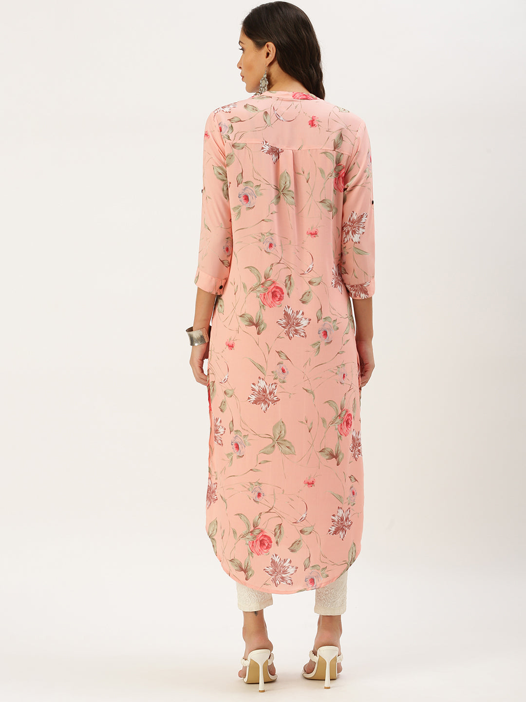 Women Mandarin Collar Printed Peach Straight Kurta