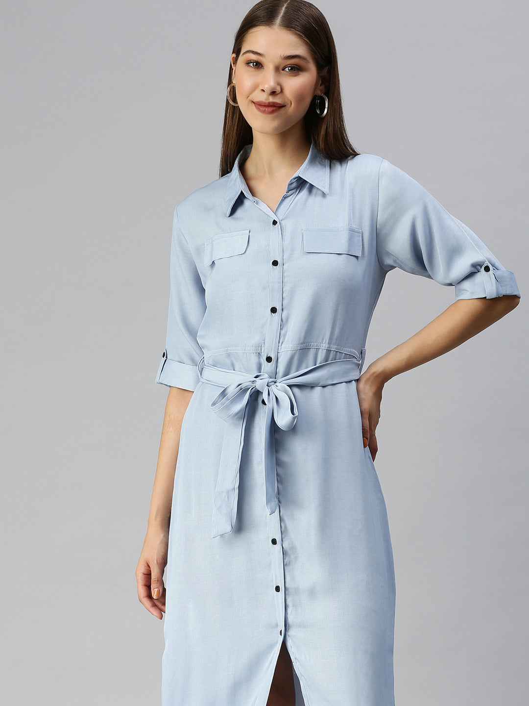 Women Solid Shirt Style Blue Dress