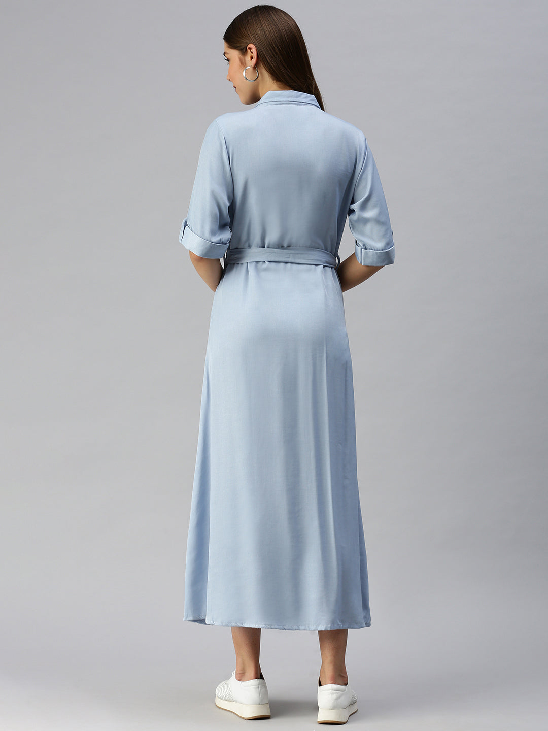 Women Solid Shirt Style Blue Dress