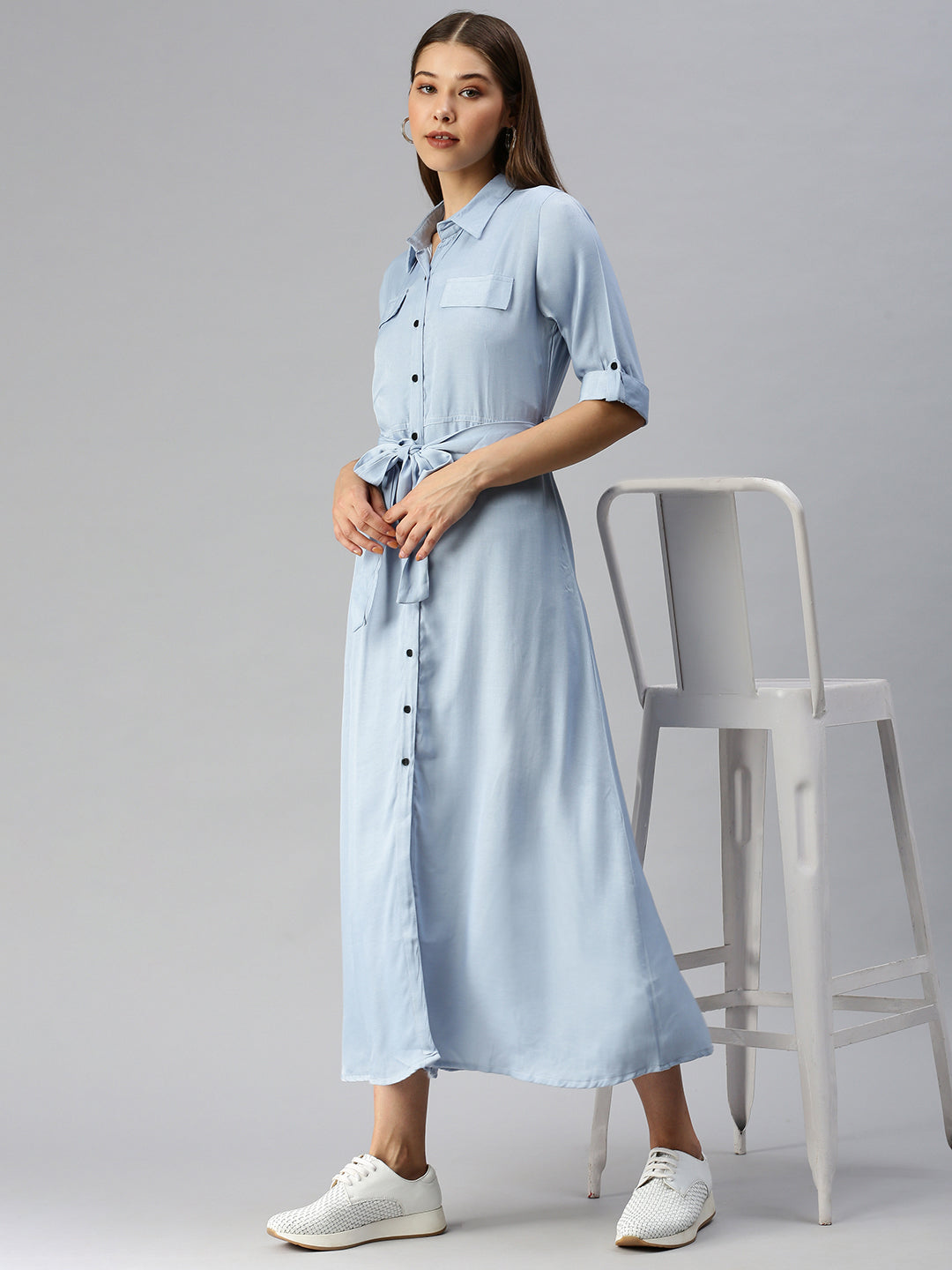 Women Solid Shirt Style Blue Dress