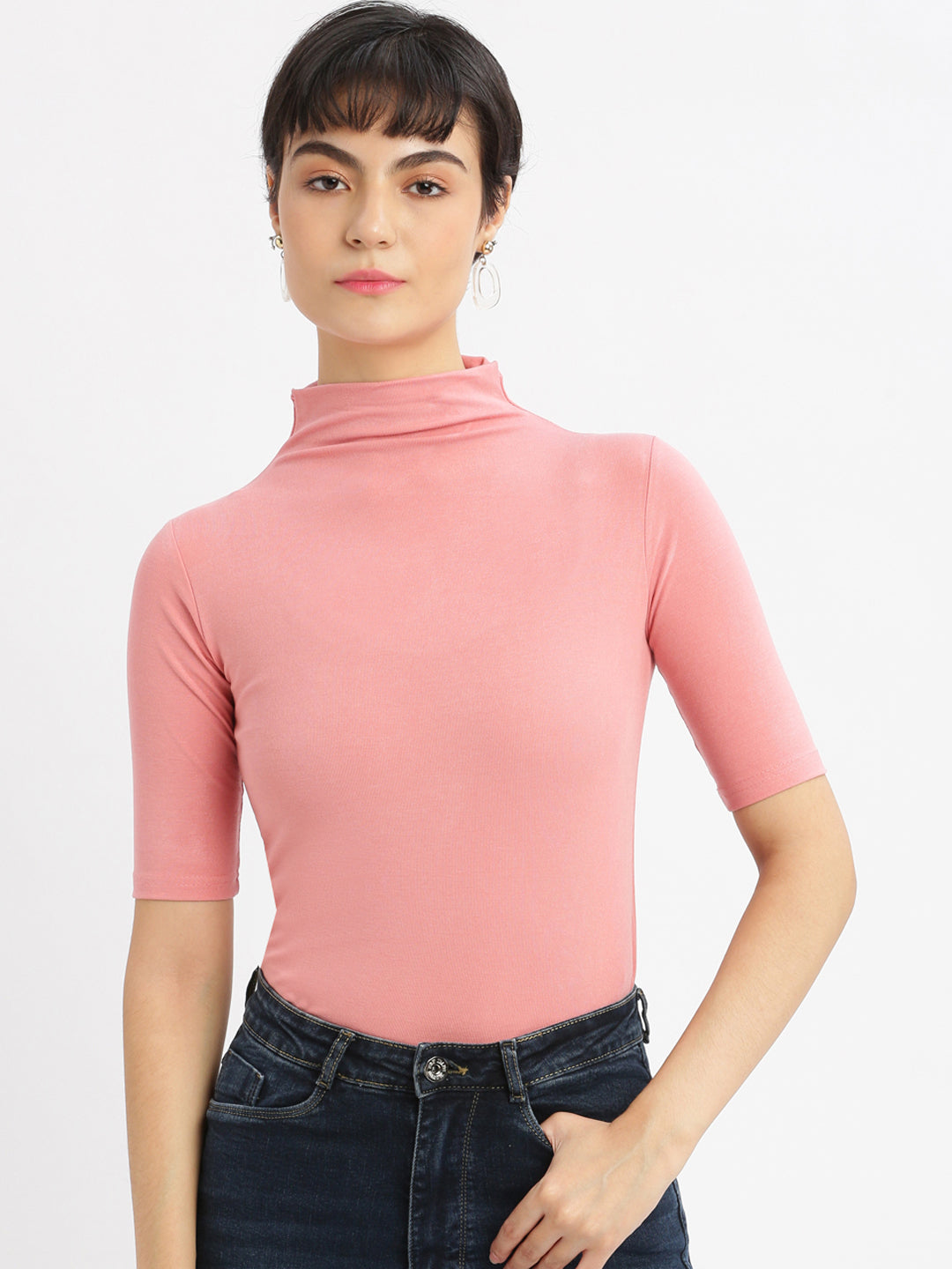 Women High Neck Peach Solid T Shirt