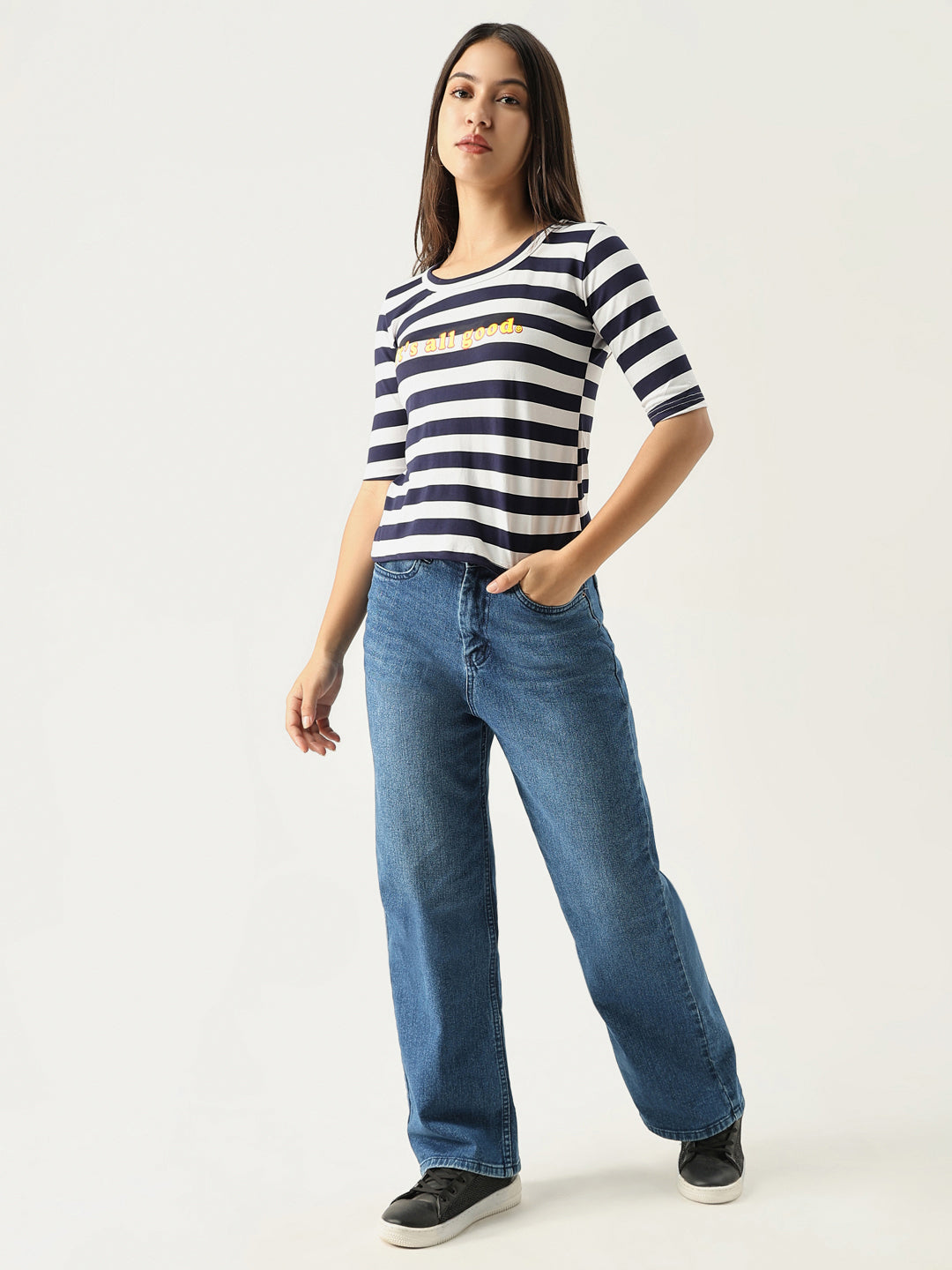 Women Striped Navy Blue T Shirt