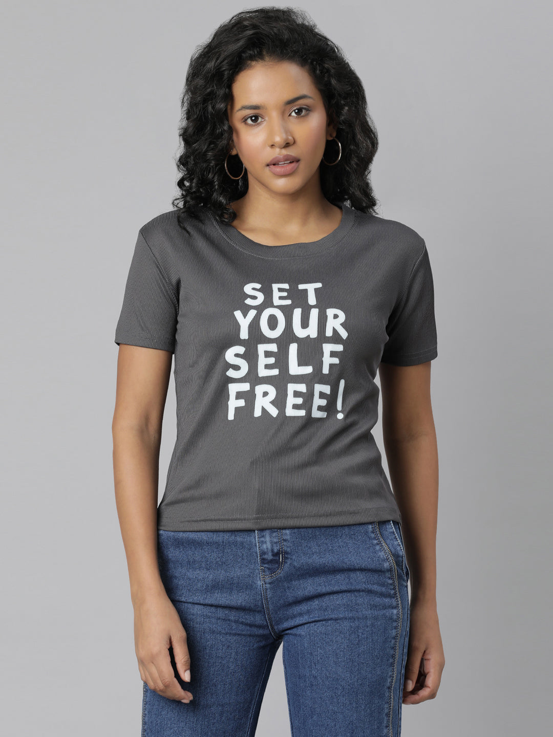 Women Grey Fit Typography T Shirt