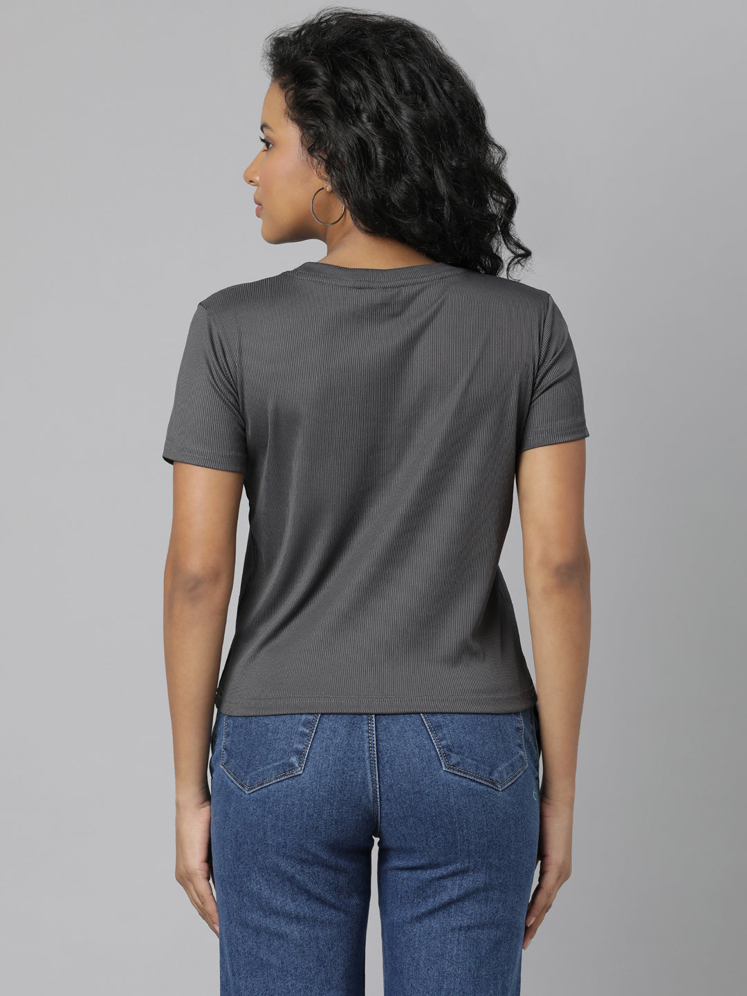 Women Grey Fit Typography T Shirt