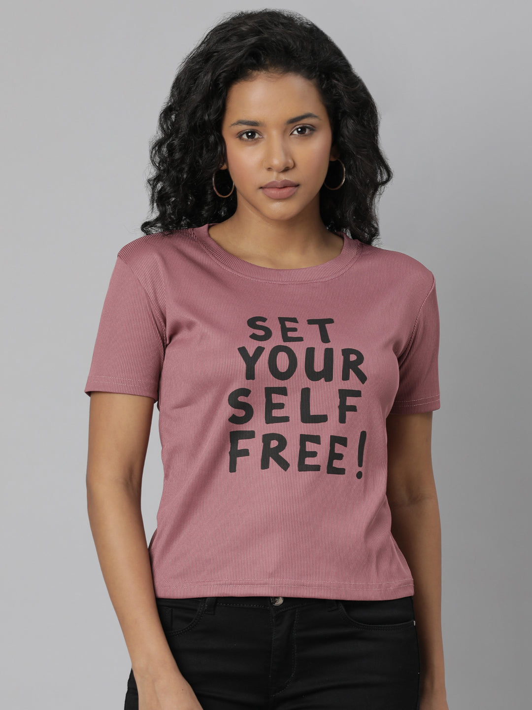 Women Mauve Fit Typography T Shirt