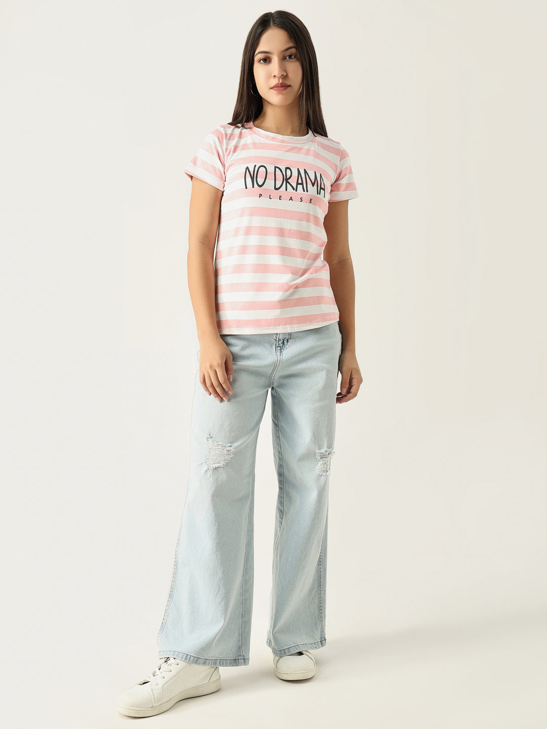 Women Striped Peach T Shirt