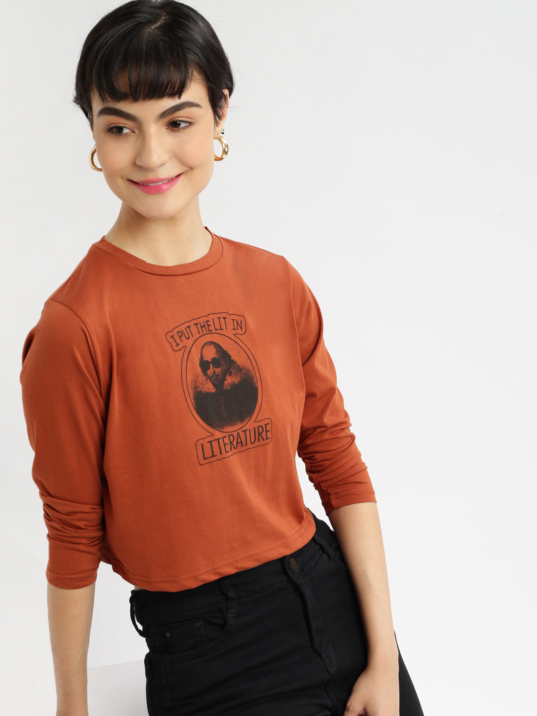Women Round Neck Brown Printed T Shirt