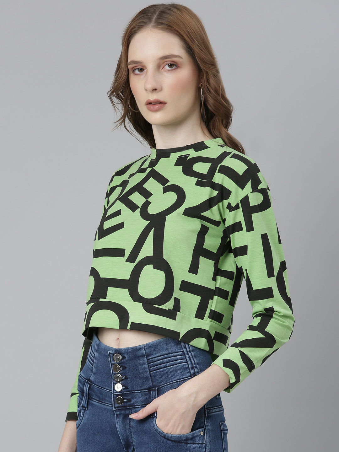 Women Typography Green Crop T Shirt
