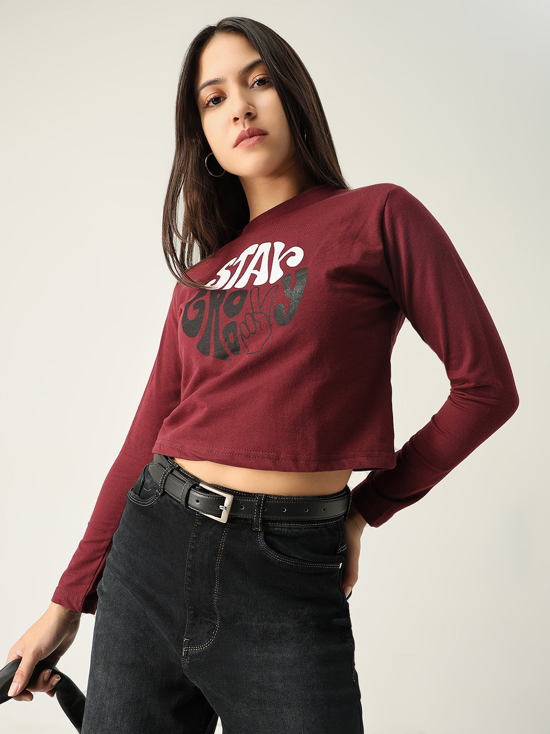 Women Graphic Burgundy Crop T Shirt