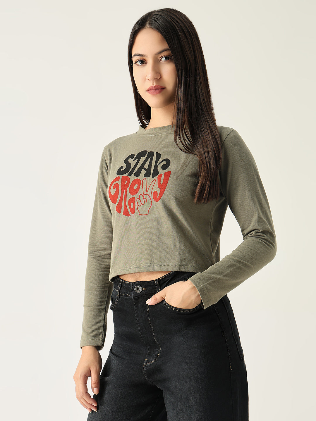 Women Graphic Olive Crop T Shirt