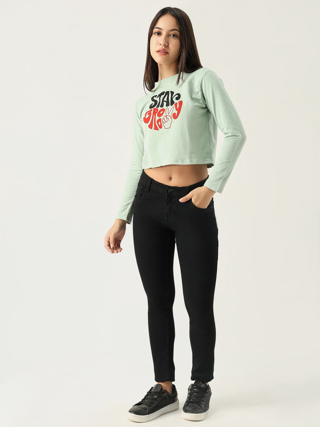 Women Graphic Sea Green Crop T Shirt