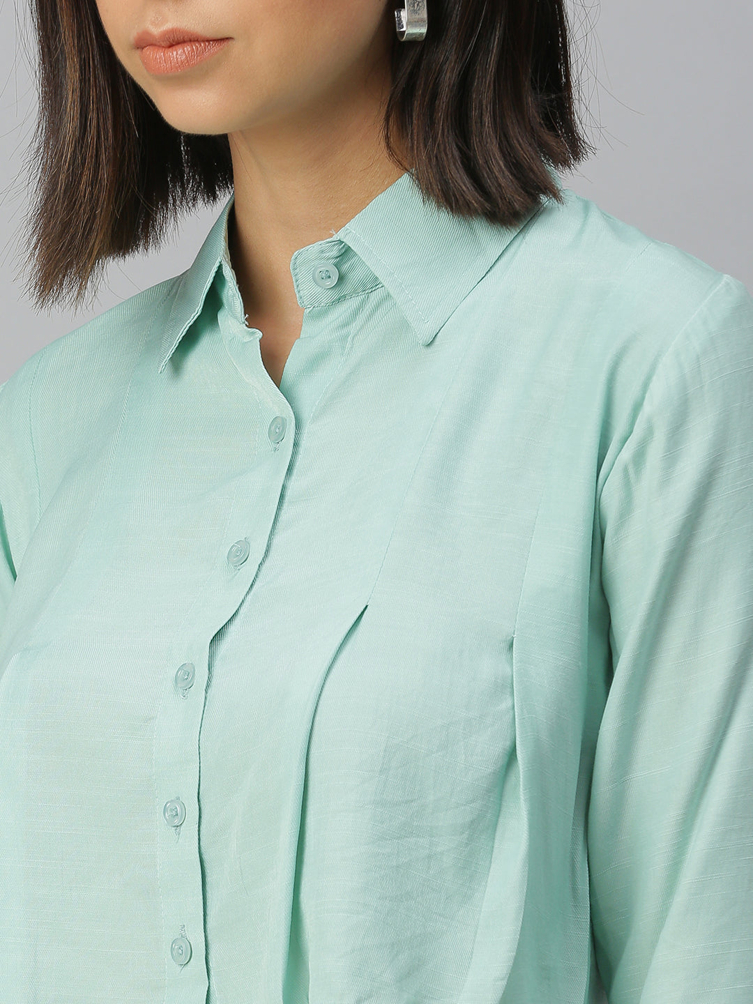 Women Sea Green Solid Boxy Shirt
