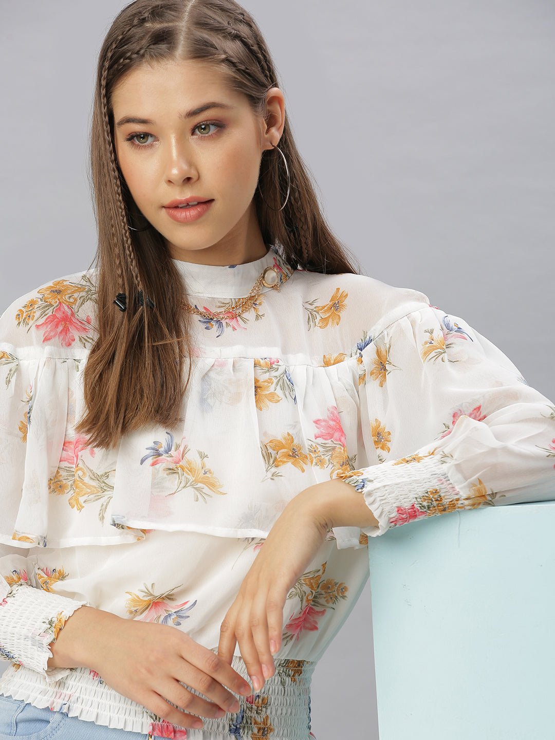 Women Printed Off White Cinched Waist Top