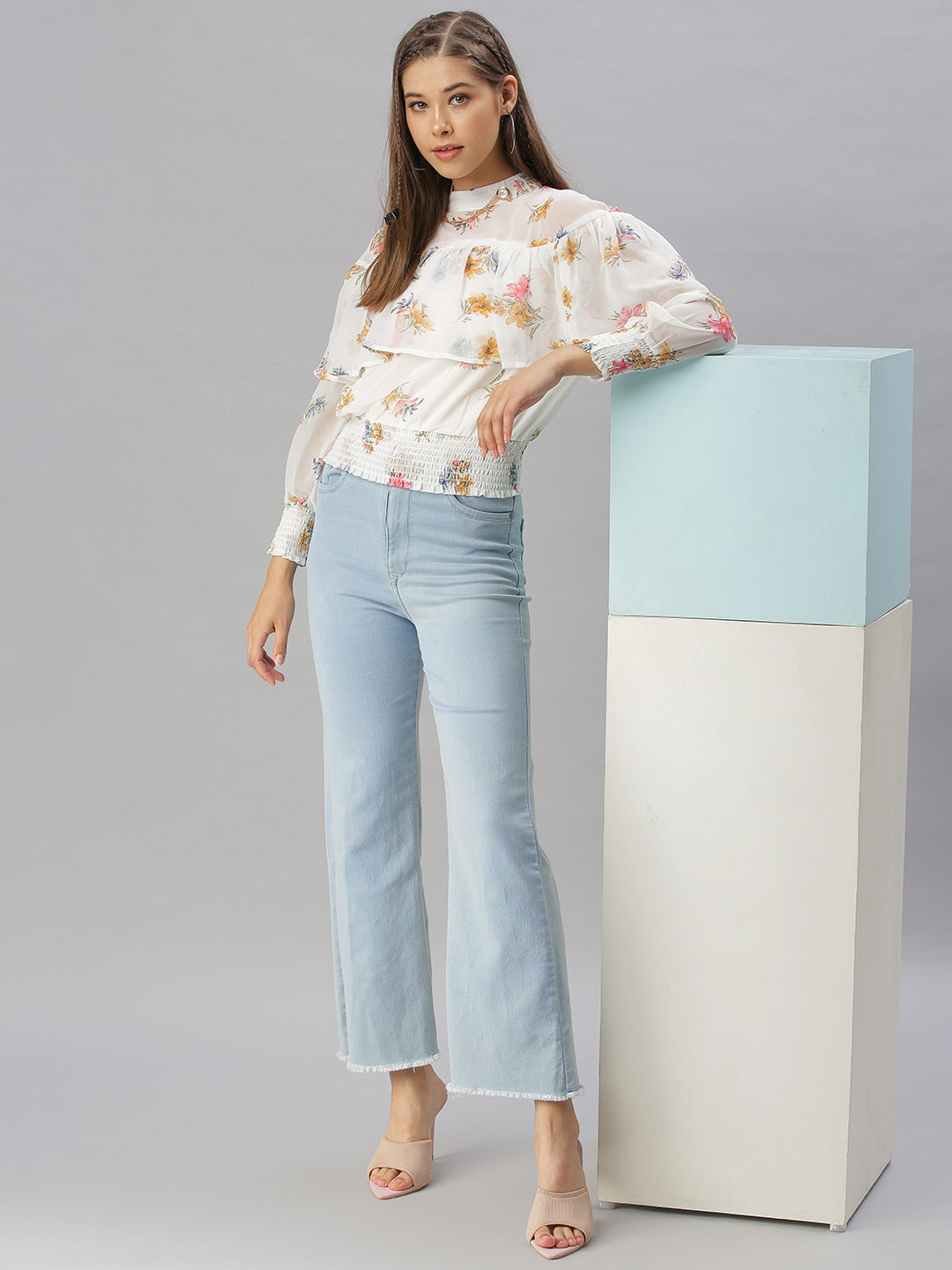 Women Printed Off White Cinched Waist Top