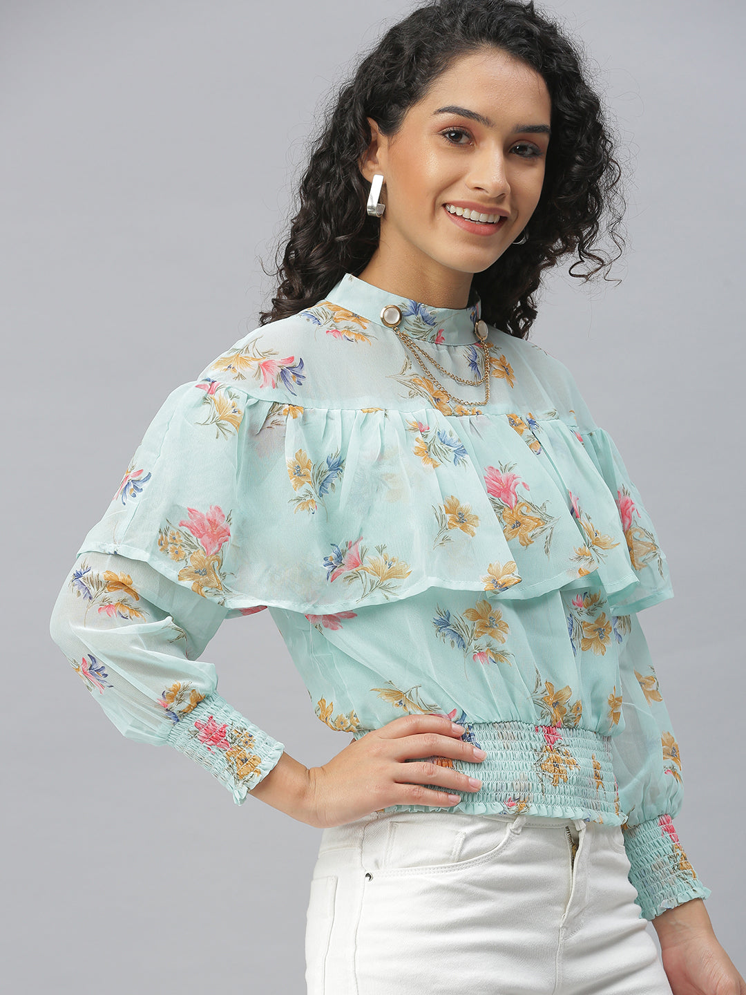 Women Printed Sea Green Cinched Waist Top