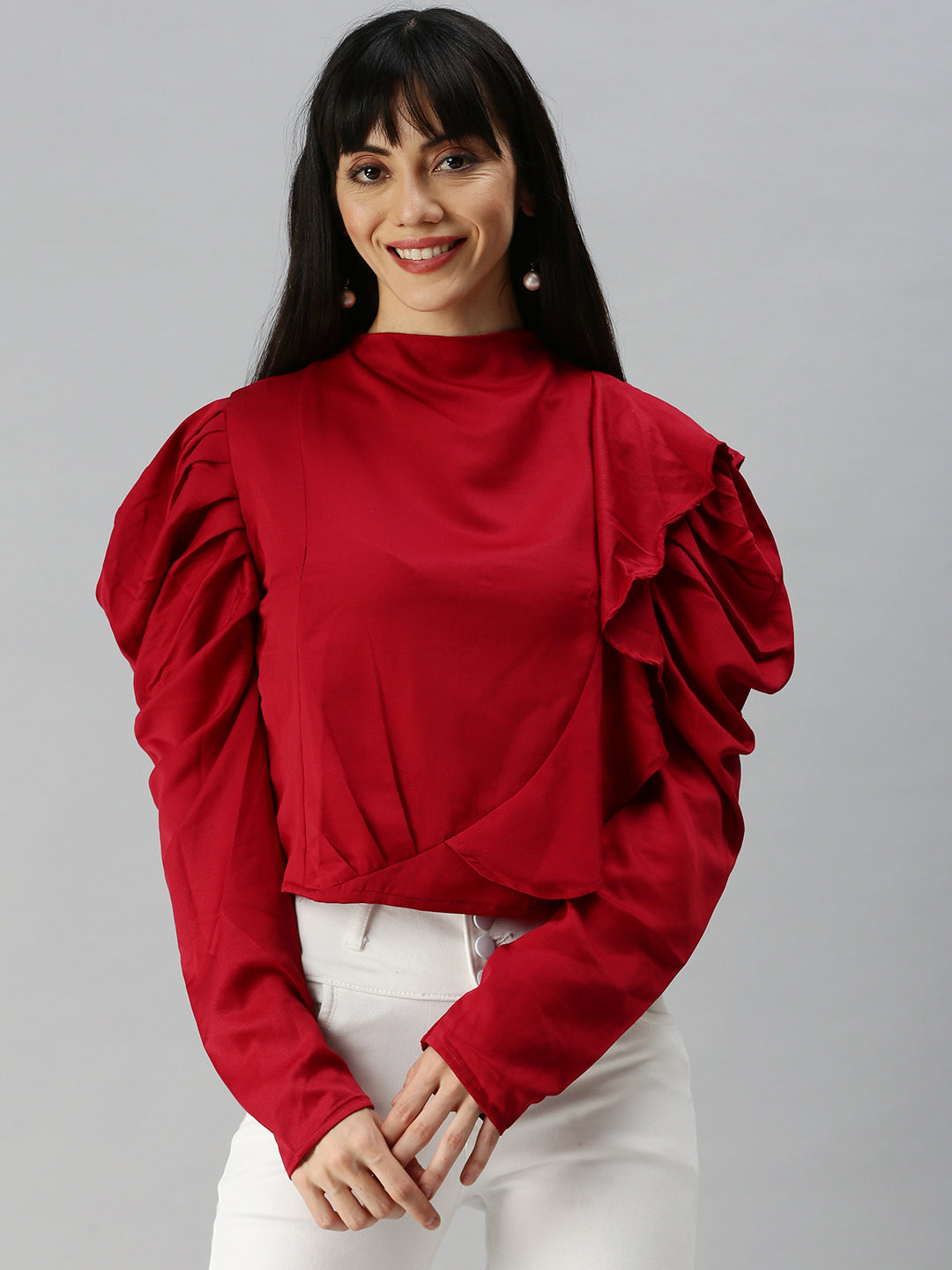 Women Solid Red Tiered Top