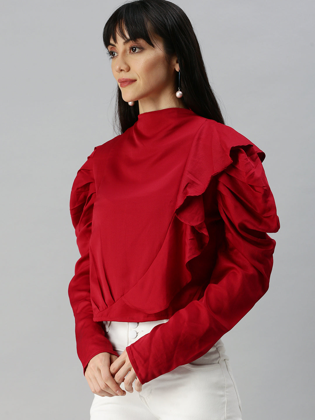 Women Solid Red Tiered Top